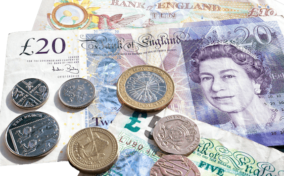 An image showing both paper money and cash. The money is British Pounds.