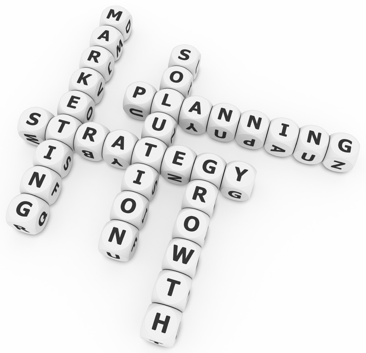 An image of a puzzle viewed from above with dice making up words relating to marketing activities.
