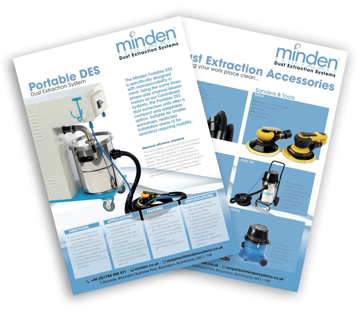 An image of two leaflets designed for Minden Systems. Shown fro above they arranged like a fan.